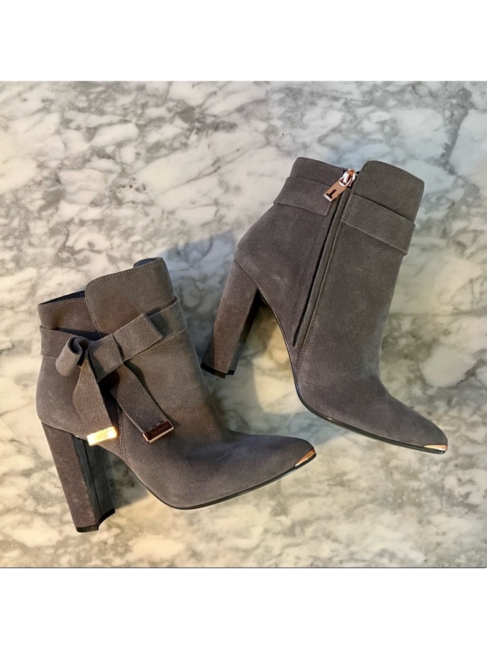 Ted Baker Gray Suede Bow-Ankle Booties with Gold Accents